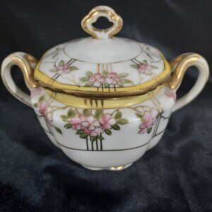 Nippon Antique Bowl PinkDogwood Flower Hand Painted Gold Beaded Trim Yellow Edge